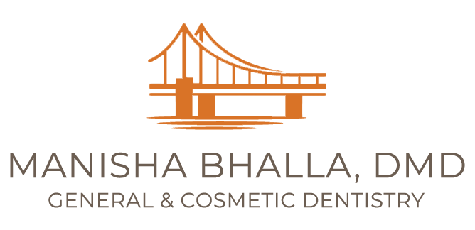 The image features a logo with text that reads MANISHA BHALLA DMD GENERAL COSMETIC DENTISTRY alongside an illustration of a bridge, suggesting a connection between dental care and a location across a body of water.